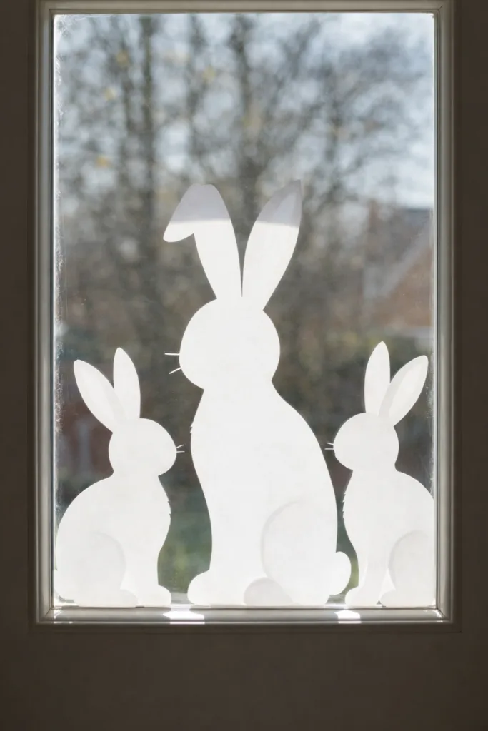 6 Ideen für deine Osterdeko am Fenster, die sofort ins Auge fallen Osterhasen Fensterdeko aus Papier am Fenster, schlichte weiße Hasen für frühlige Osterdekoration