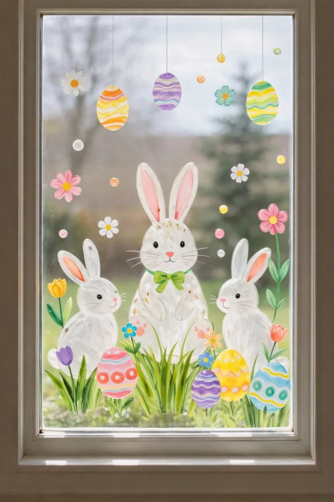 6 Ideen für deine Osterdeko am Fenster, die sofort ins Auge fallen Osterdeko Fenster mit gemalten Hasen, bunten Ostereiern und Blumen als frühlingshafte Fensterdekoration