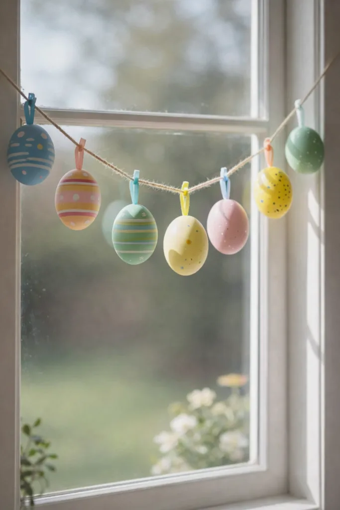 6 Ideen für deine Osterdeko am Fenster, die sofort ins Auge fallen Bunte Ostereier als Osterdeko am Fenster, hängend an einer Schnur, frühlingshafte Fensterdekoration