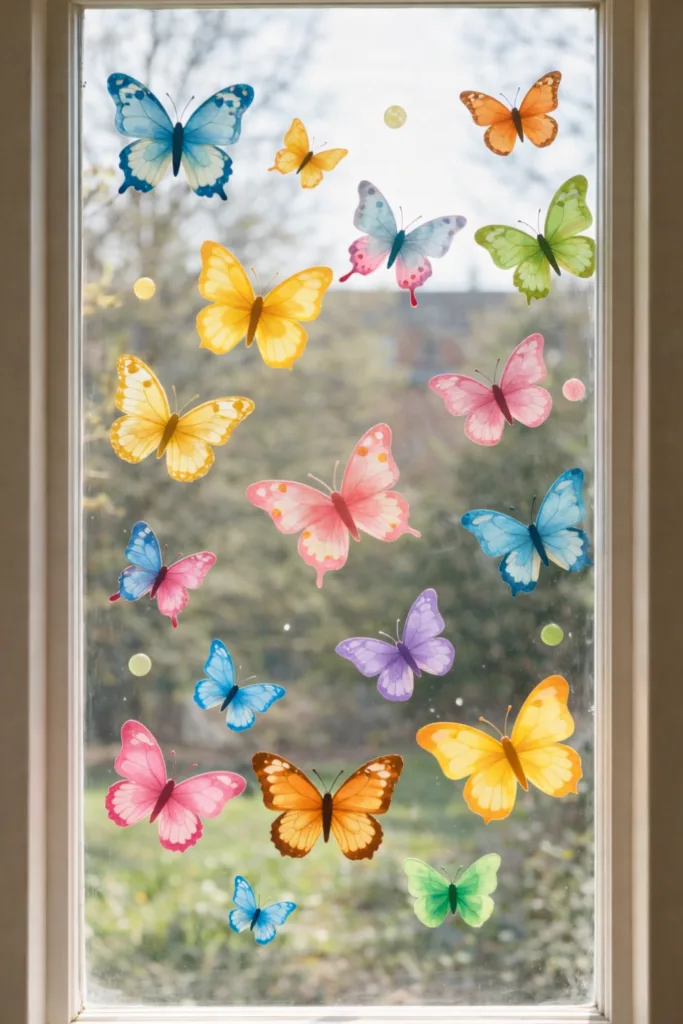 6 Ideen für deine Osterdeko am Fenster, die sofort ins Auge fallen Bunte Schmetterlings-Fensterdeko im Frühling, transparente Aufkleber am Fenster mit farbenfrohen Motiven