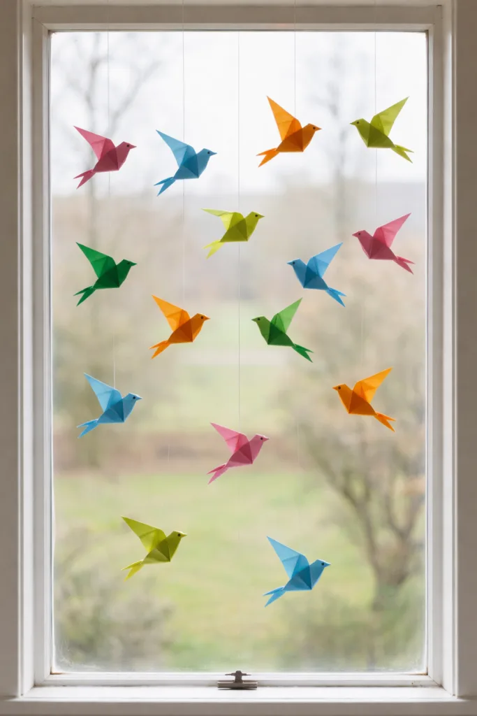 6 Ideen für deine Osterdeko am Fenster, die sofort ins Auge fallen Bunte Origami-Vögel hängen am Fenster und sorgen für eine luftige, frühlingshafte Fensterdeko
