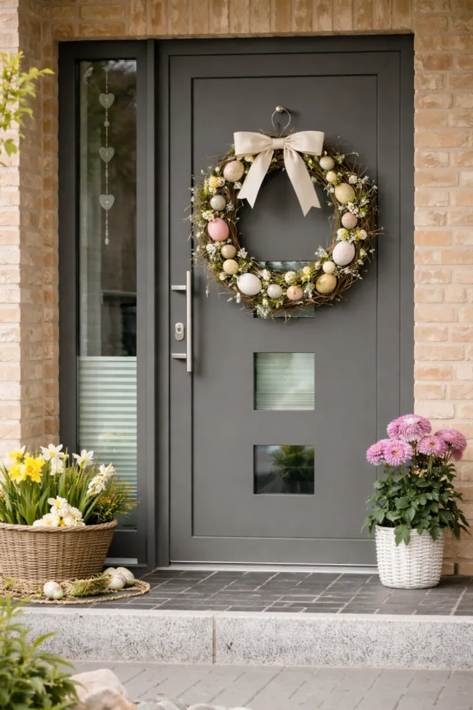 Graue Haustür mit Osterkranz aus Zweigen, Eiern und Frühlingsblumen dekoriert
