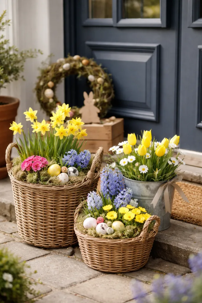 Osterdeko für die Haustür mit Blumenkörben, Narzissen und bunten Eiern