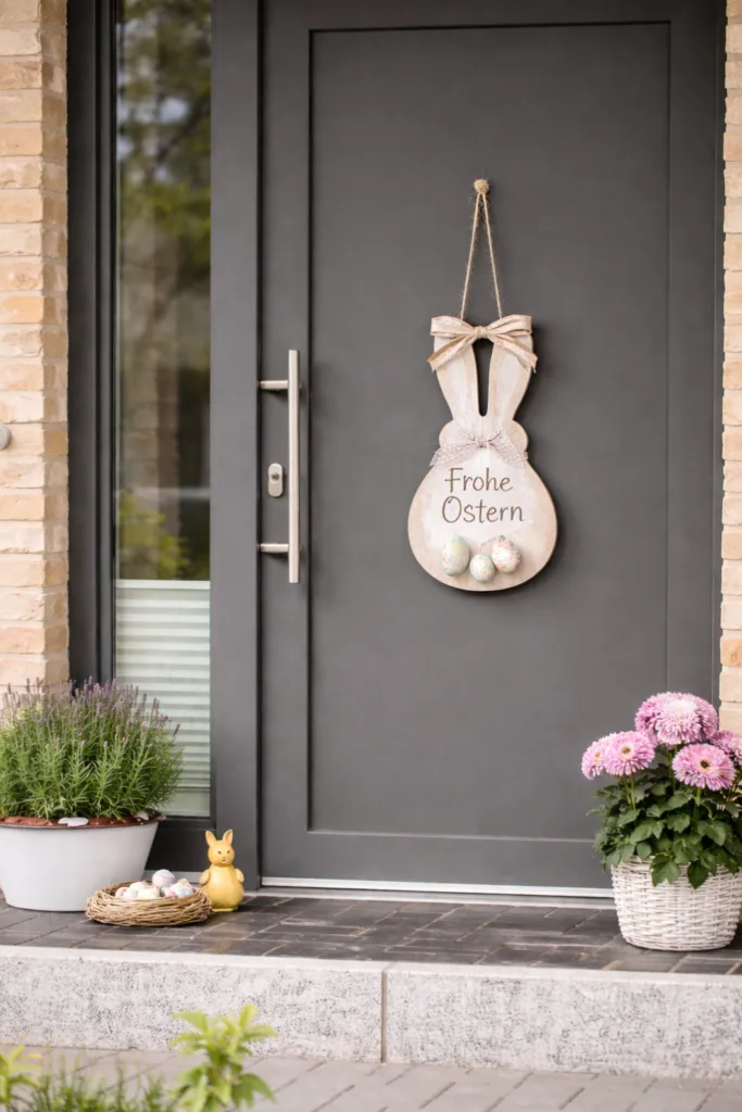 Graue Haustür mit hängender Osterdeko aus Holzhasen und Frühlingsblumen