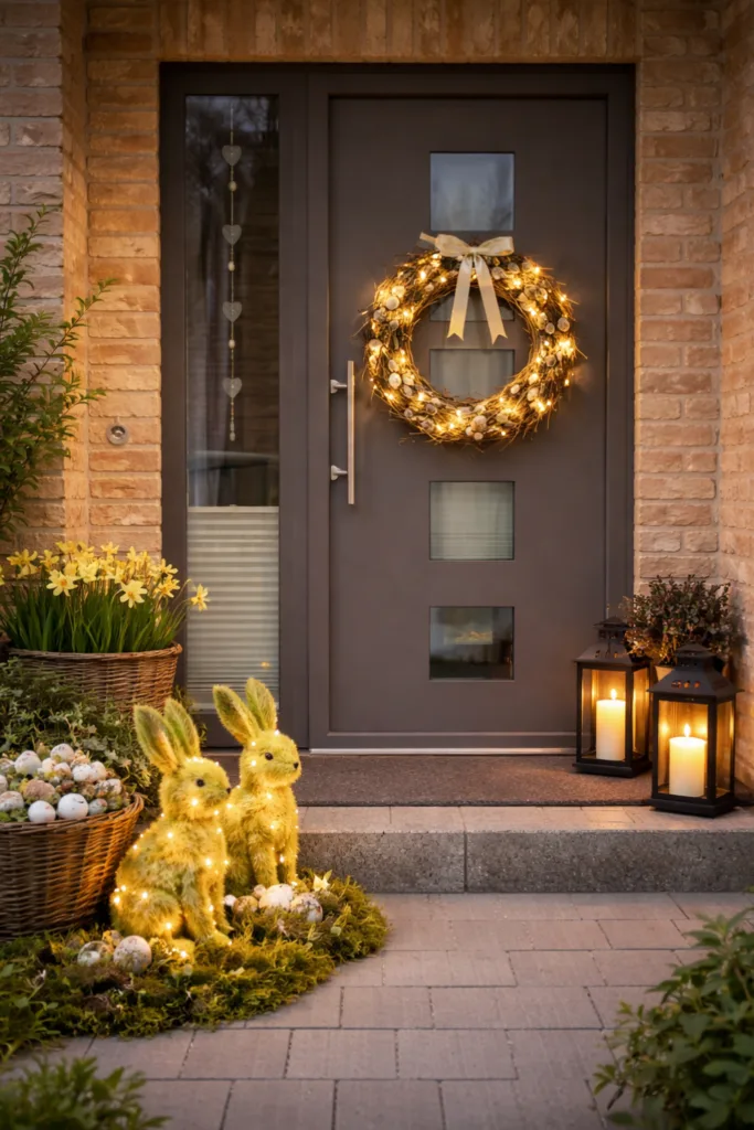 Beleuchtete Osterdeko mit Kranz, Hasen und Laternen an moderner Haustür