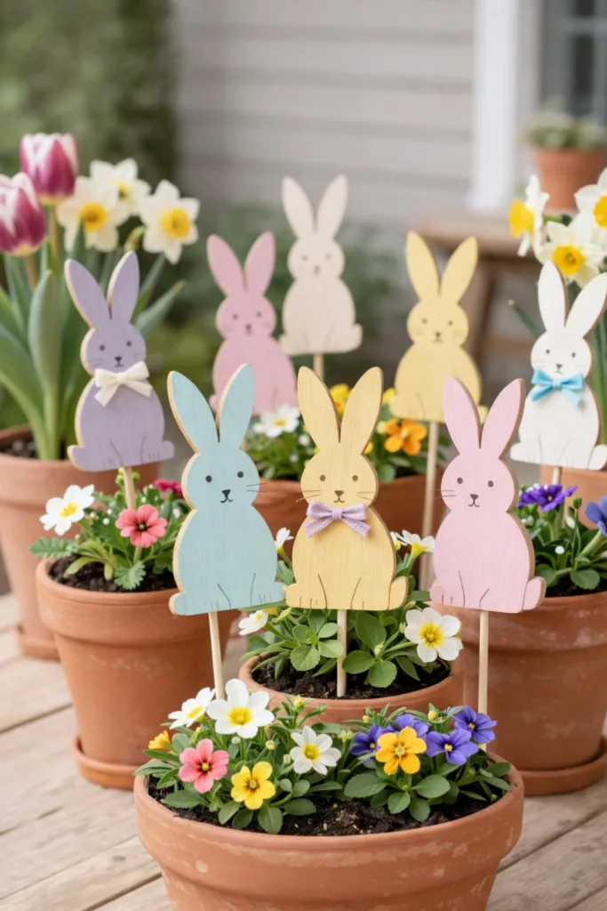 Bunte Osterhasen aus Holz als Frühlingsdeko in Blumentöpfen auf der Terrasse