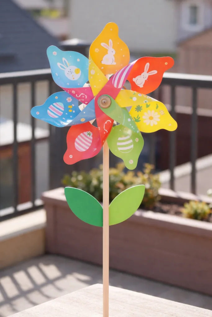 Buntes Oster-Windrad im Garten als fröhliche Frühlingsdeko mit Hasen und Ostereiern