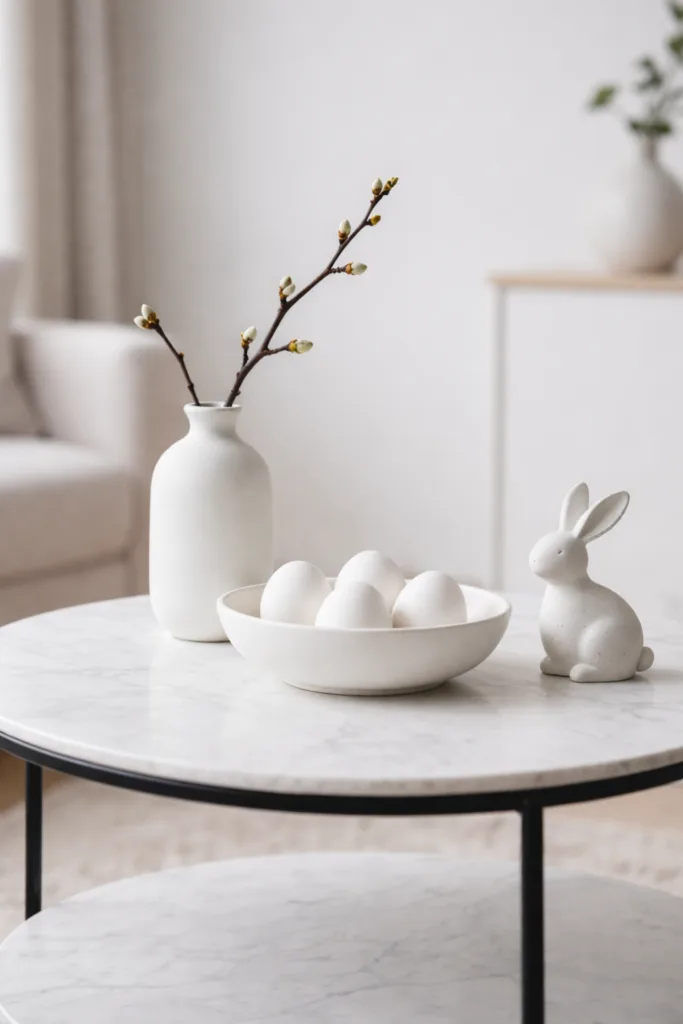 Osterdeko für den Couchtisch - 6 Ideen, die du lieben wirst Schlichte Osterdeko mit weißem Hasen, Eiern und Vase auf modernem Couchtisch