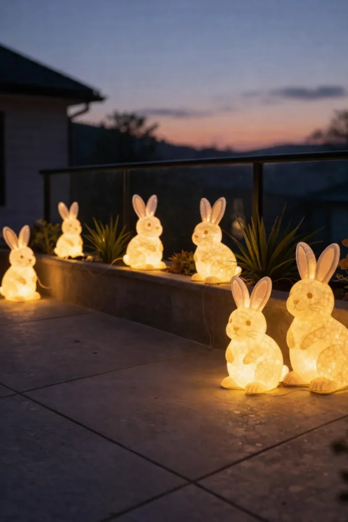 Leuchtende Osterhasen als stimmungsvolle Garten Beleuchtung auf Terrasse bei Dämmerung