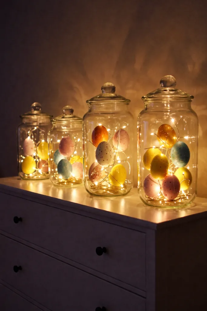 Sideboard mit Glasgefäßen, Osterdeko und Lichterkette für warme Frühlingsstimmung im Wohnraum