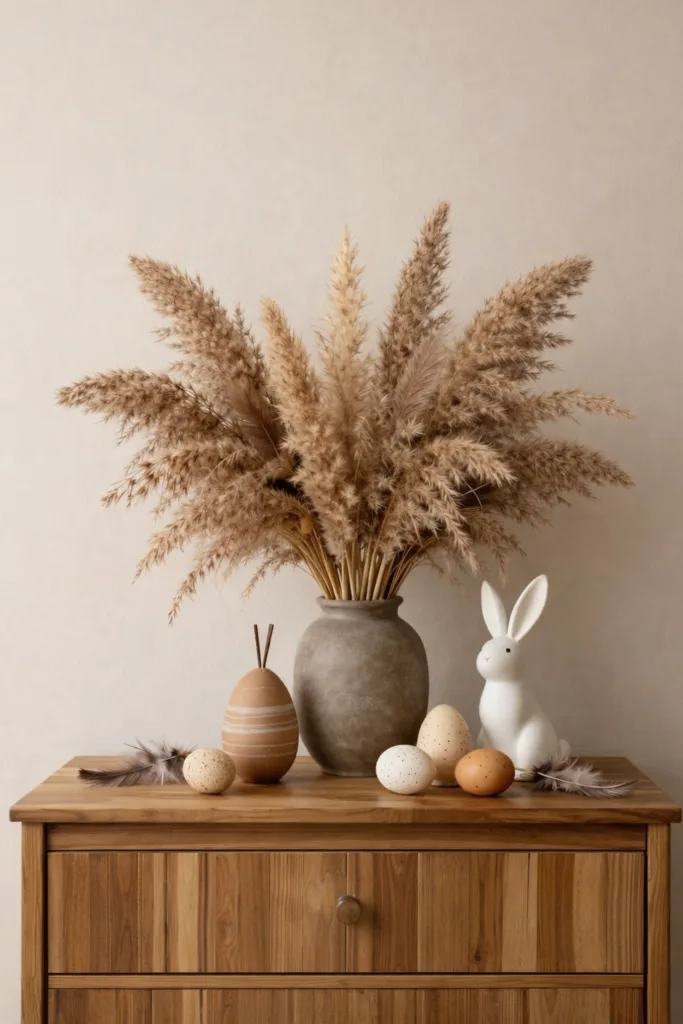 Osterdeko mit Pampasgras, Keramikvase, Osterhase und dekorativen Eiern in natürlichen Farben