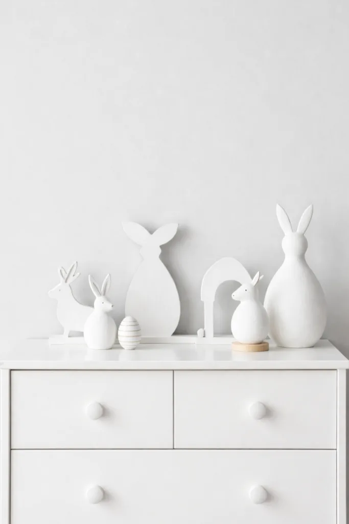 Weiße Hasen als Osterdeko auf Kommode, minimalistisch dekoriert in hellem Wohnraum