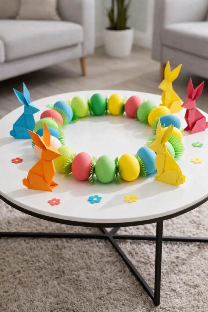 Osterdeko für den Couchtisch - 6 Ideen, die du lieben wirst Bunte Osterdeko auf dem Couchtisch mit Origami-Hasen und Eiern in Pastellfarben