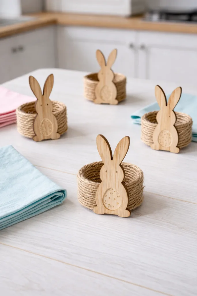 Osterdeko Küche mit Holzhasen und Jute – natürliche Tischdeko für Ostern in hellen Farben