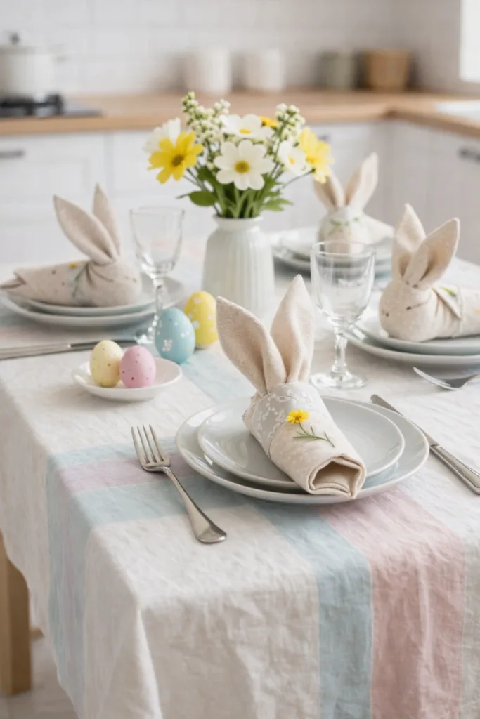 Osterdeko Küche mit Hasenservietten, bunten Ostereiern und frühlingshaft gedecktem Esstisch