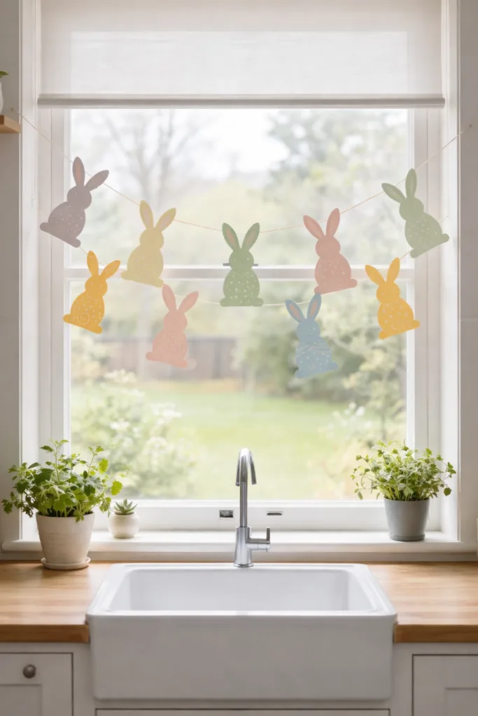 Osterdeko Küche mit pastellfarbener Hasengirlande am Fenster und frischen Kräutern auf der Fensterbank
