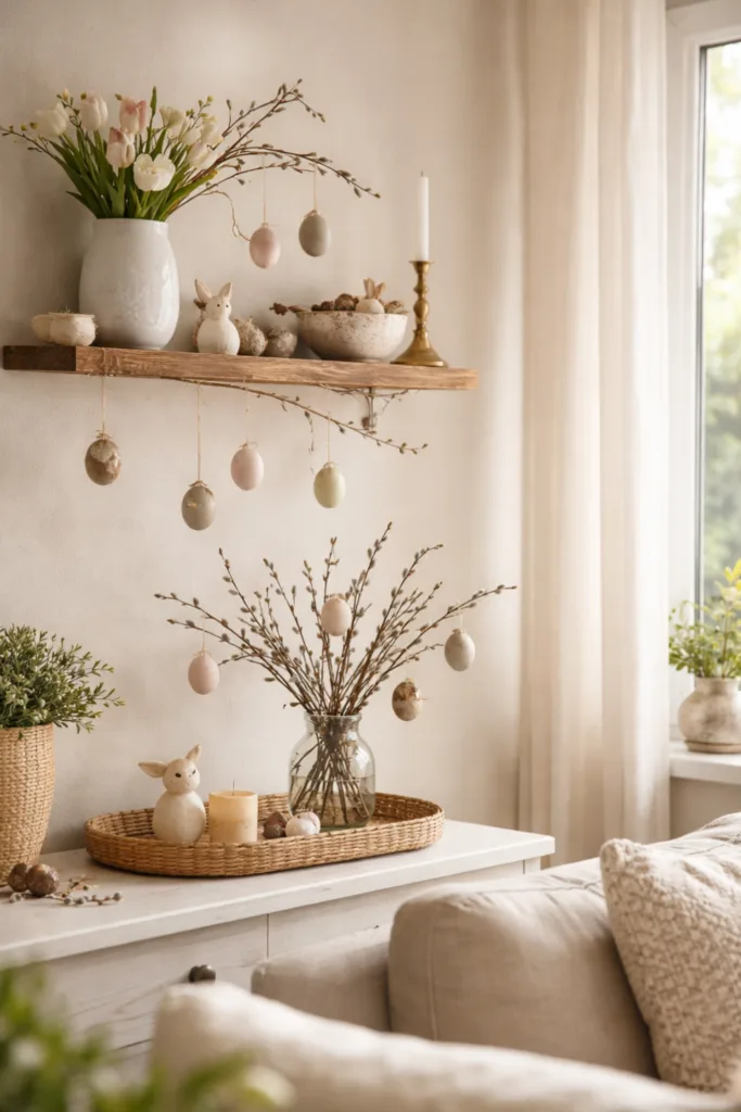 Osterdeko im kleinen Wohnzimmer mit Holzregal, Blumen, Eiern und natürlichem Licht