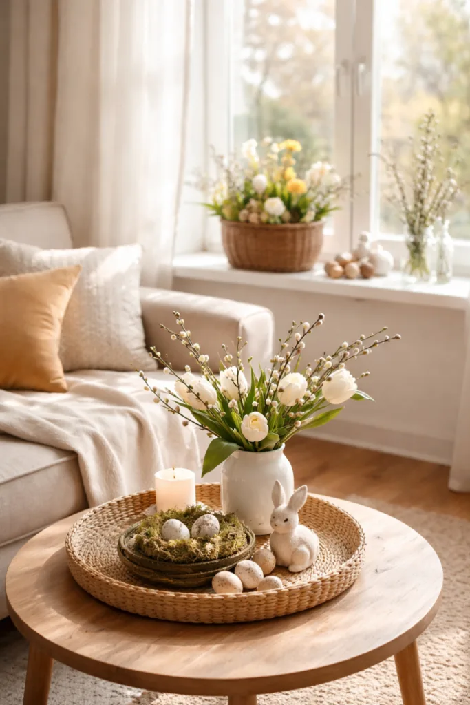 Helle Osterdeko im kleinen Wohnzimmer mit Tulpen, Kerze und Hasenfigur auf dem Tisch