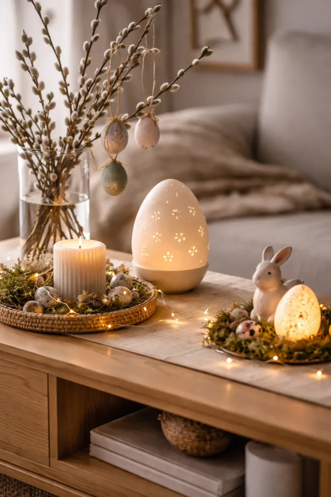 Osterdeko im kleinen Wohnzimmer mit Kerzen, Hasenfigur und Lichterkette auf Holztisch