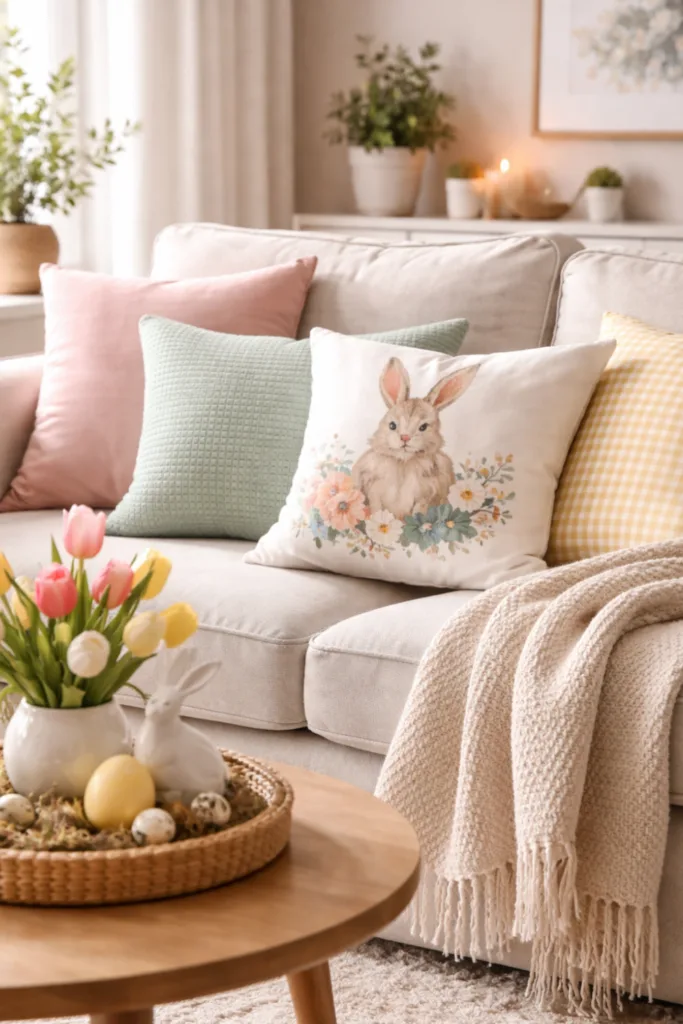 Pastellfarbene Osterdeko fürs Sofa mit Kissen, Decke und Frühlingsakzenten