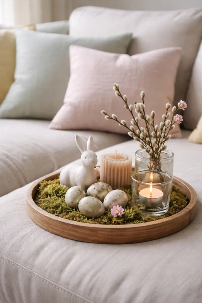Osterdeko fürs Sofa mit Holztablett, Moos, Eiern, Kerzen und Hasenfigur