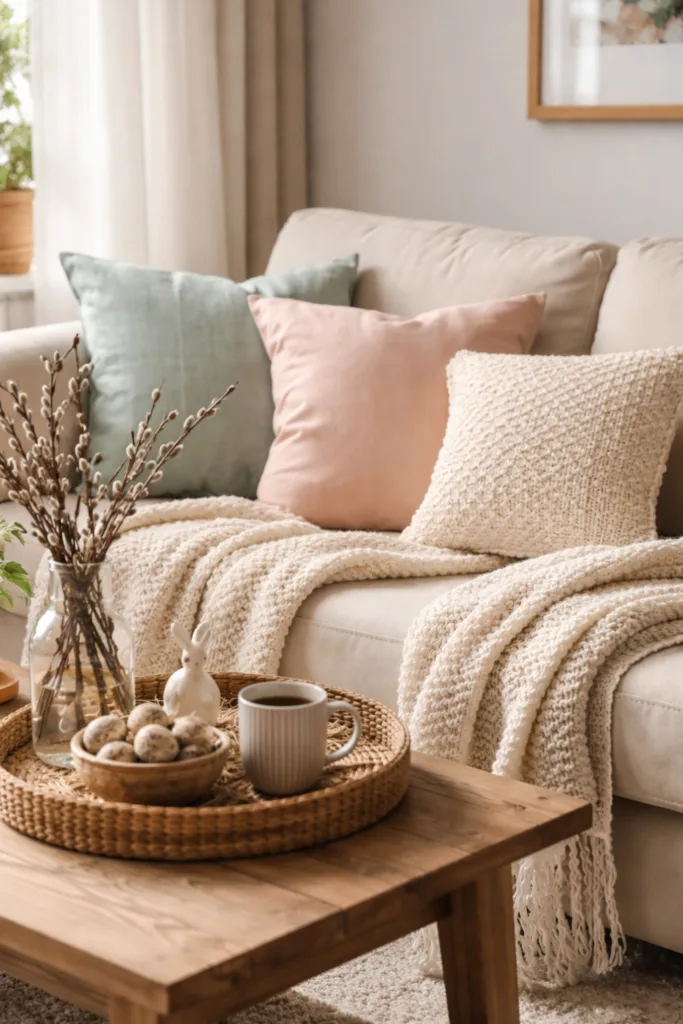 Beige Sofa mit pastellfarbenen Kissen, Strickdecke und Osterdeko aus Naturmaterialien