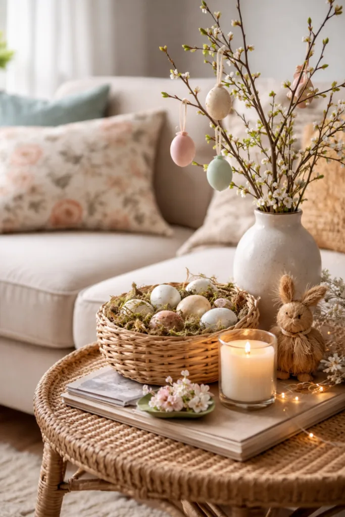 Osterdeko fürs Sofa mit Vase, Ostereiern, Hasenfigur und Frühlingszweigen