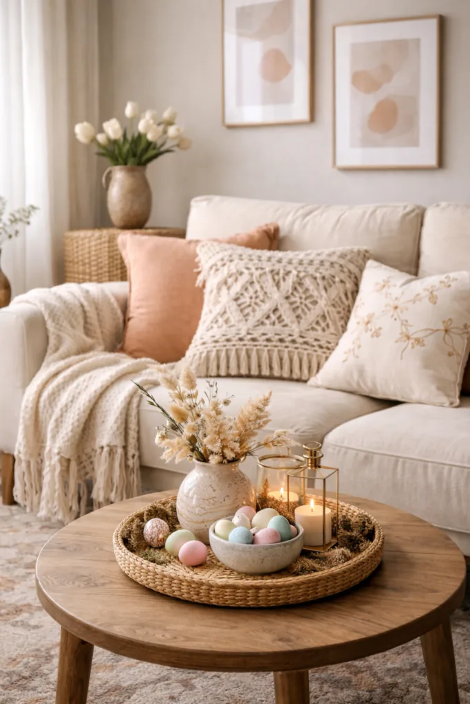 Boho-Sofa mit Pastellkissen, Osterdeko und zarten Frühlingsfarben im Wohnzimmer