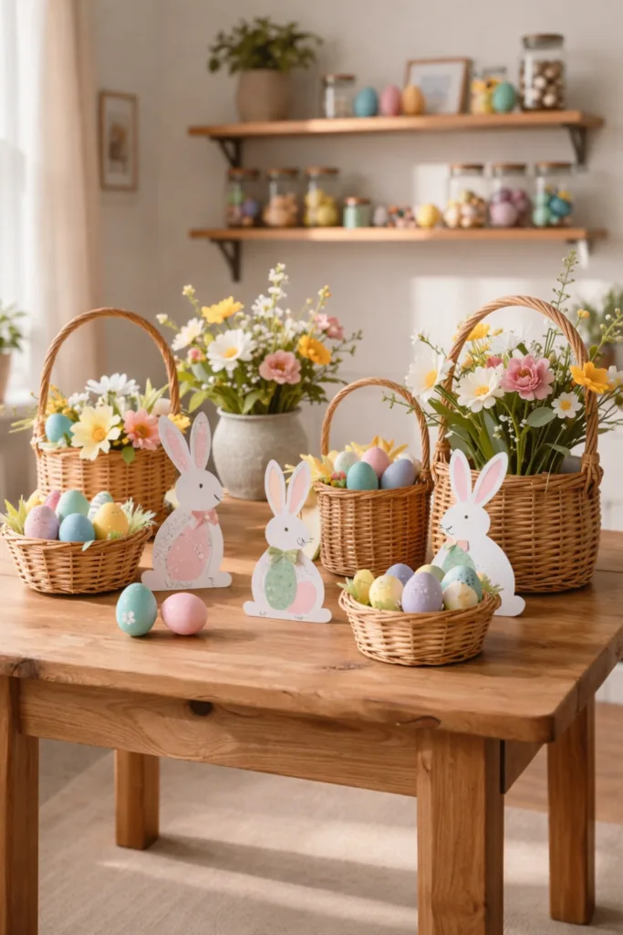 DIY Osterdeko mit Blumen, Hasenfiguren und bunten Ostereiern auf Holztisch