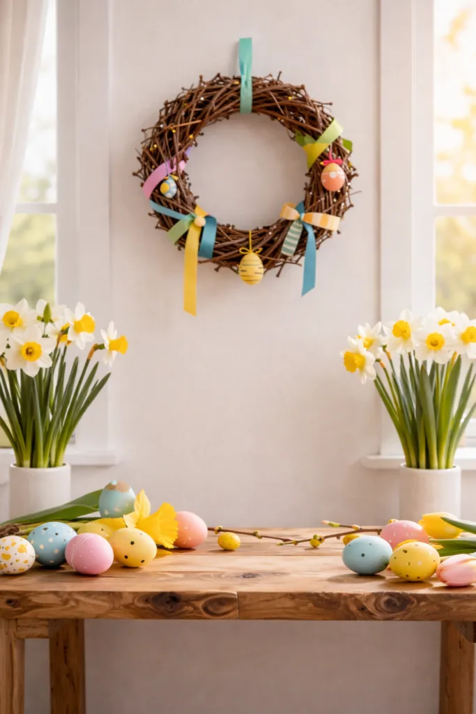 Osterkranz mit bunten Bändern, Narzissen und bemalten Eiern als DIY Osterdeko
