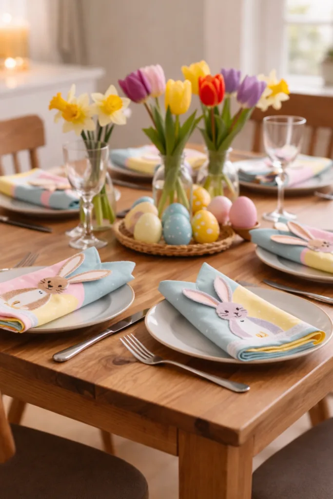 Oster-Tischdeko mit Hasenservietten, bunten Eiern und Frühlingsblumen in Vasen