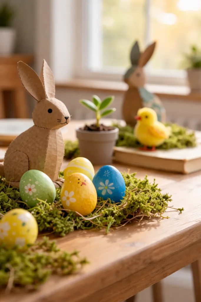 DIY Osterdeko mit Holzhasen, bemalten Eiern und Moos auf einem Holztisch