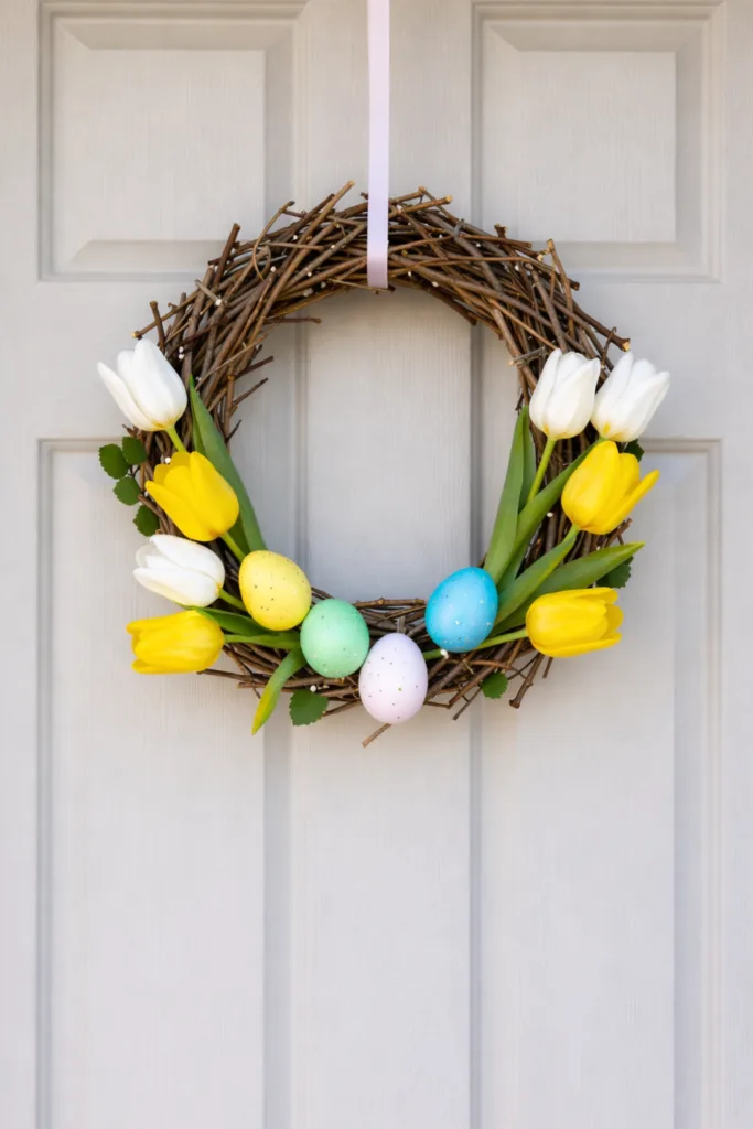 Osterkranz an der Haustür mit Tulpen und Ostereiern als natürliche Frühlingsdeko
