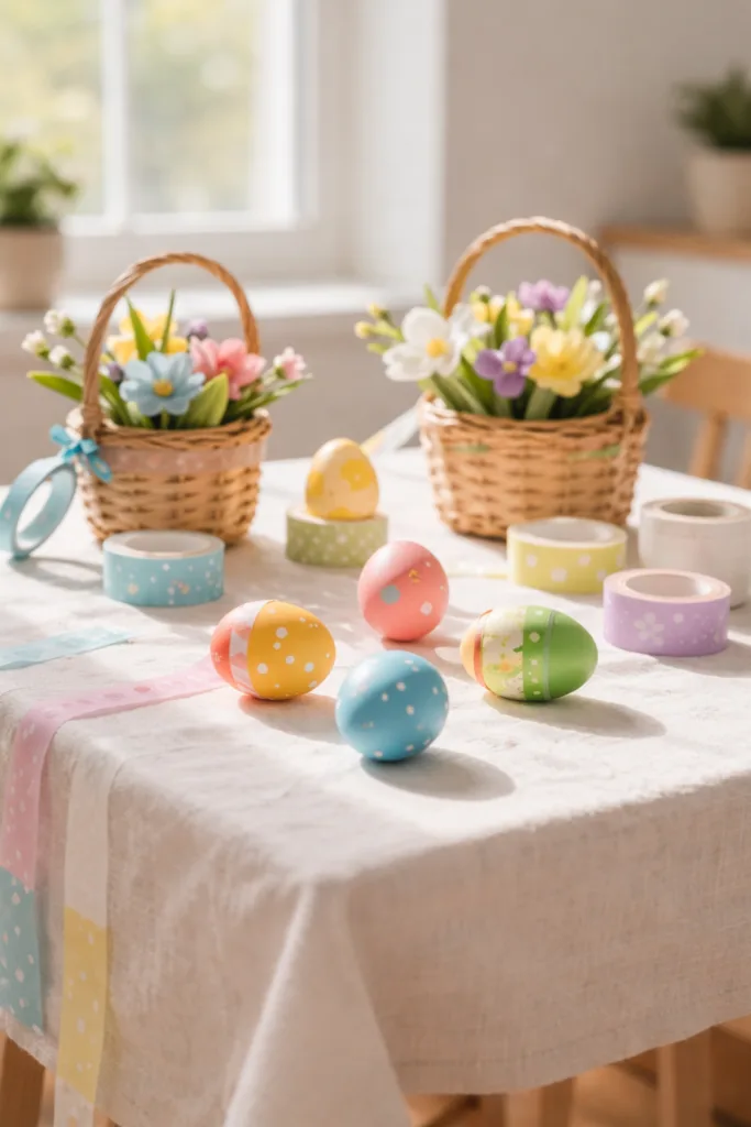 Bunte Ostereier und Blumen in Körben als DIY Osterdeko auf Tisch
