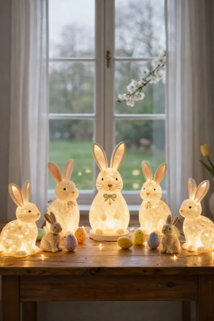 Osterdeko mit leuchtenden Osterhasen auf Holztisch vor Fenster, Frühlingsdeko für Ostern im Wohnzimmer