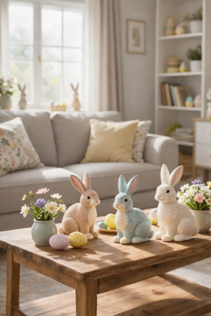 Osterdeko im Wohnzimmer mit Hasenfiguren, bunten Ostereiern und frühlischer Tischdekoration