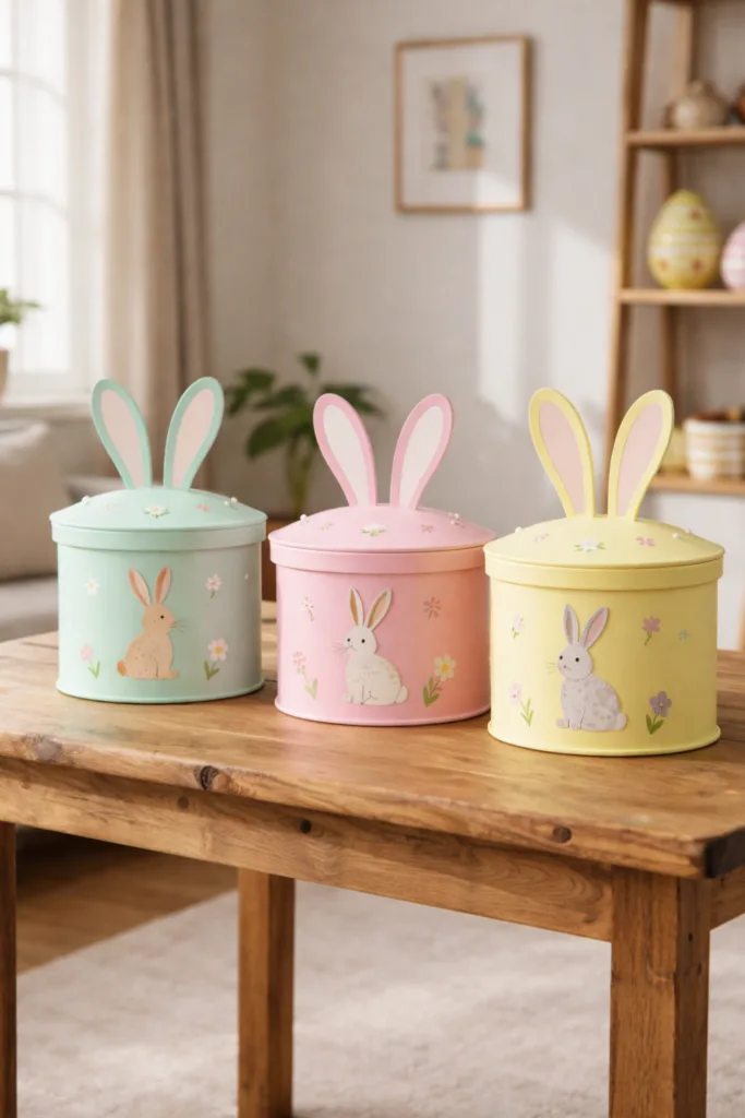 Pastellfarbene Hasendosen als Osterdeko auf Holztisch, frühlingshafte Deko mit Hasenmotiven