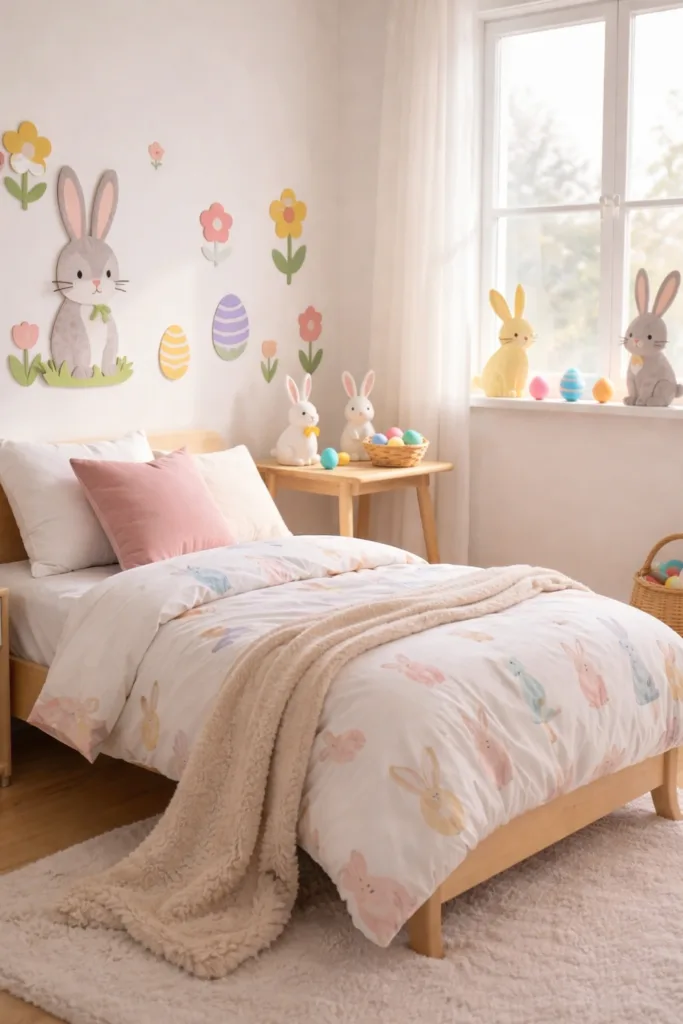 Osterdeko im Kinderzimmer mit Hasenmotiven, Ostereiern und Frühlingsfarben, liebevolle Deko für Ostern