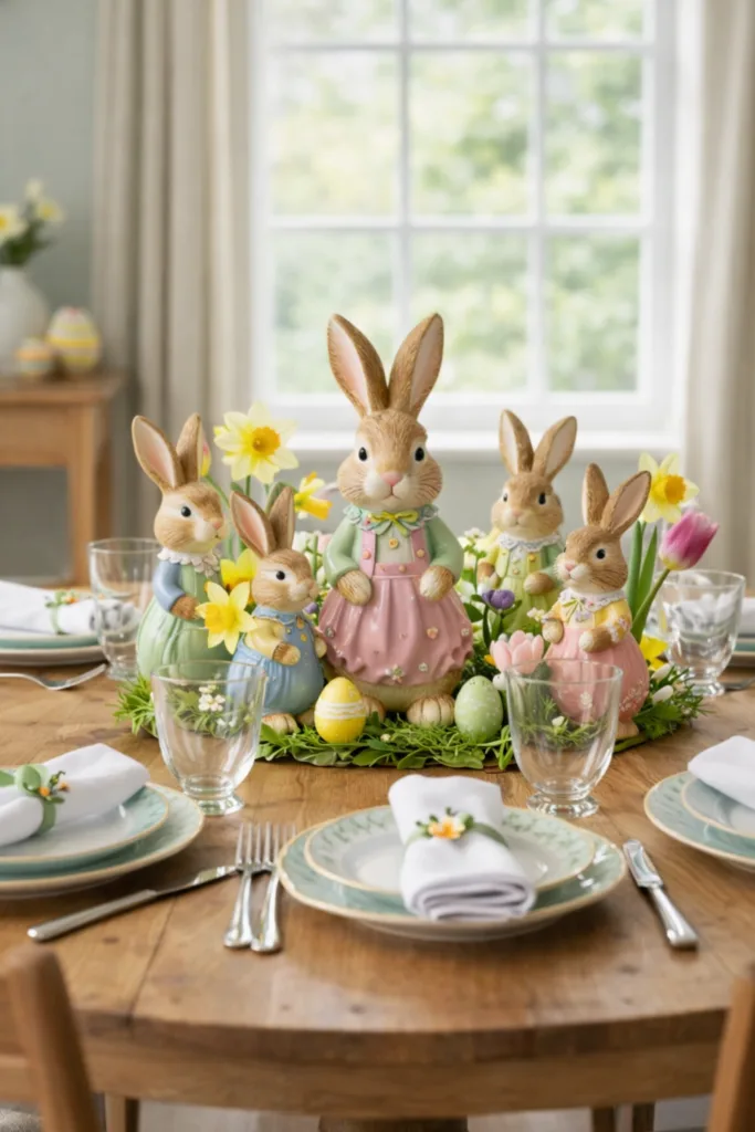 Ostertisch Deko mit Hasenfiguren, Frühlingsblumen und gedecktem Tisch im hellen Esszimmer