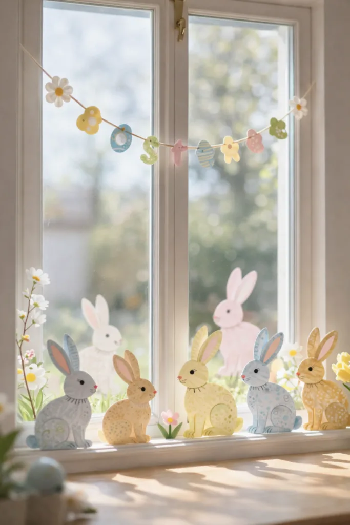 Osterdeko am Fenster mit bunten Hasenfiguren und Oster-Girlande in frühlischer Fensterdekoration