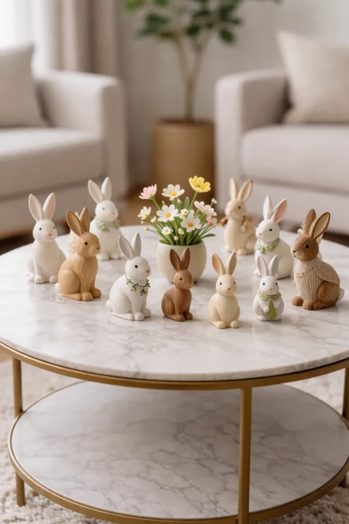 Osterdeko für den Couchtisch - 6 Ideen, die du lieben wirst Holzhasen und Frühlingsblumen als natürliche Osterdeko auf dem Couchtisch