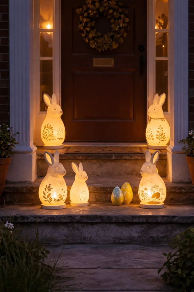 Osterdeko an der Haustür mit leuchtenden Osterhasen, frühlingshafte Außenbeleuchtung im Eingangsbereich