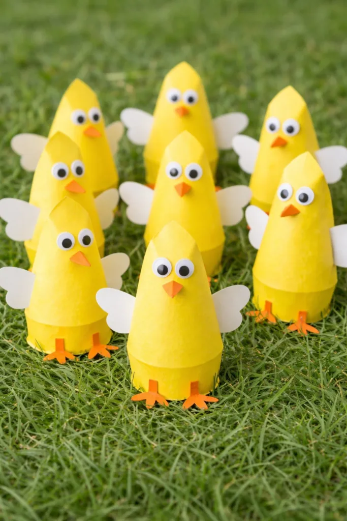 Selbstgebastelte gelbe Osterküken aus Papier mit Flügeln und Wackelaugen im Gras