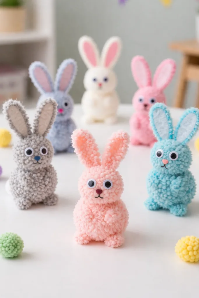 Bunte Pompon-Hasen aus Wolle basteln – kreative Osterdeko für Kinder