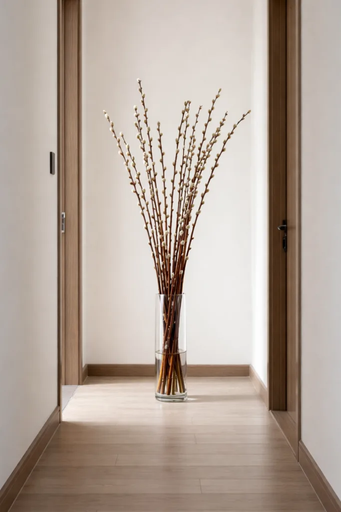 6 wunderschöne Ideen für deine Frühlingsdeko im schmalen Flur Hohe Vase mit Weidenkätzchen als Frühlingsdeko in schmalem Flur
