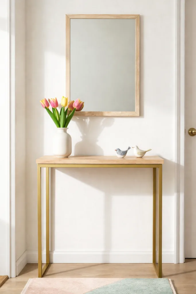 6 wunderschöne Ideen für deine Frühlingsdeko im schmalen Flur Helle Frühlingsdeko im schmalen Flur mit Tulpen, Spiegel und Holztisch