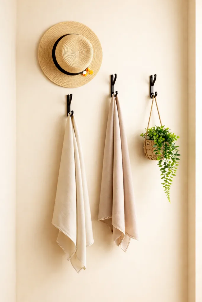 6 wunderschöne Ideen für deine Frühlingsdeko im schmalen Flur Wandhaken mit Strohhut, Tüchern und Pflanze als Frühlingsdeko im schmalen Flur