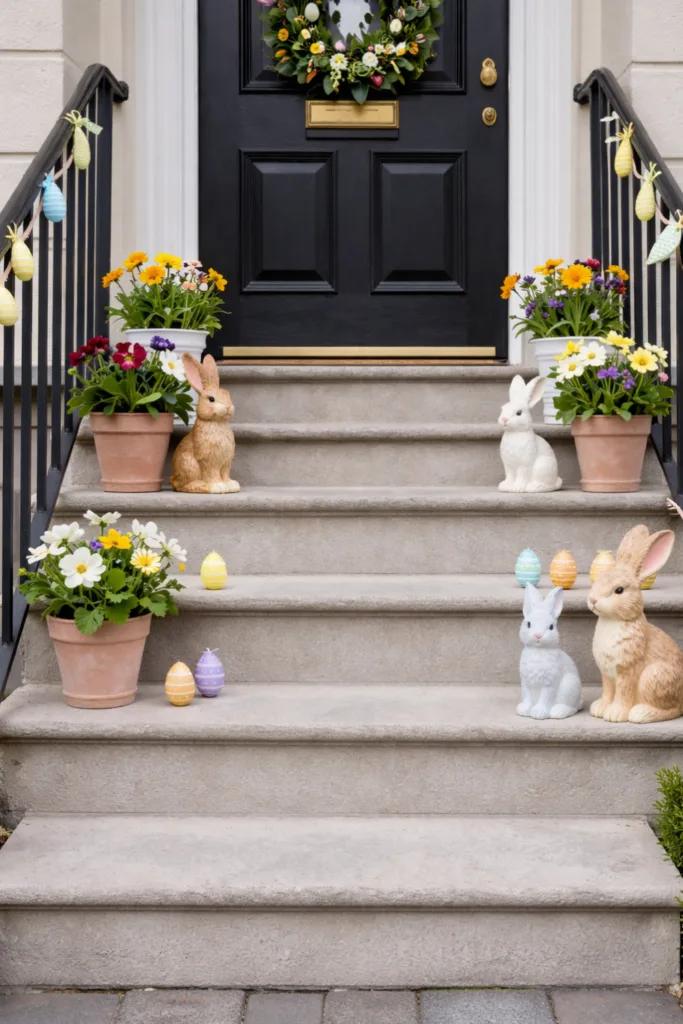 Osterdeko vor der Haustür mit Hasenfiguren, Blumen und bunten Ostereiern