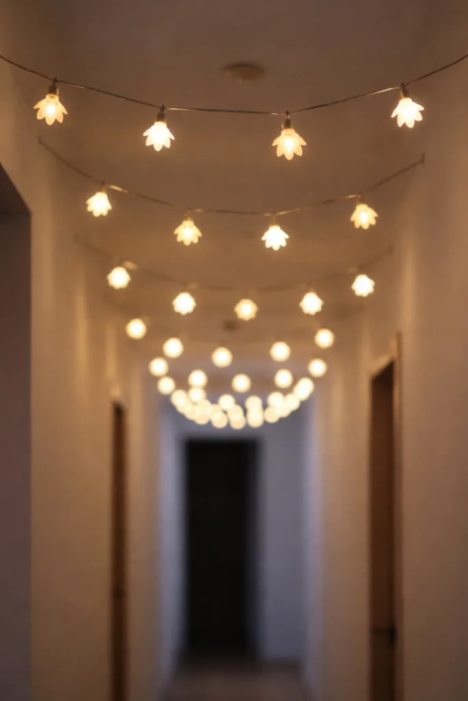 6 wunderschöne Ideen für deine Frühlingsdeko im schmalen Flur Blumenförmige Lichterkette im schmalen Flur sorgt für gemütliche Frühlingsstimmung