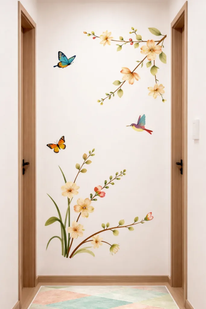 6 wunderschöne Ideen für deine Frühlingsdeko im schmalen Flur Blumige Wanddeko mit Schmetterlingen als Frühlingsdeko in einem schmalen Flur
